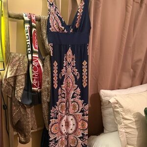 Elegant Navy and Pink Paisley Maxi Dress